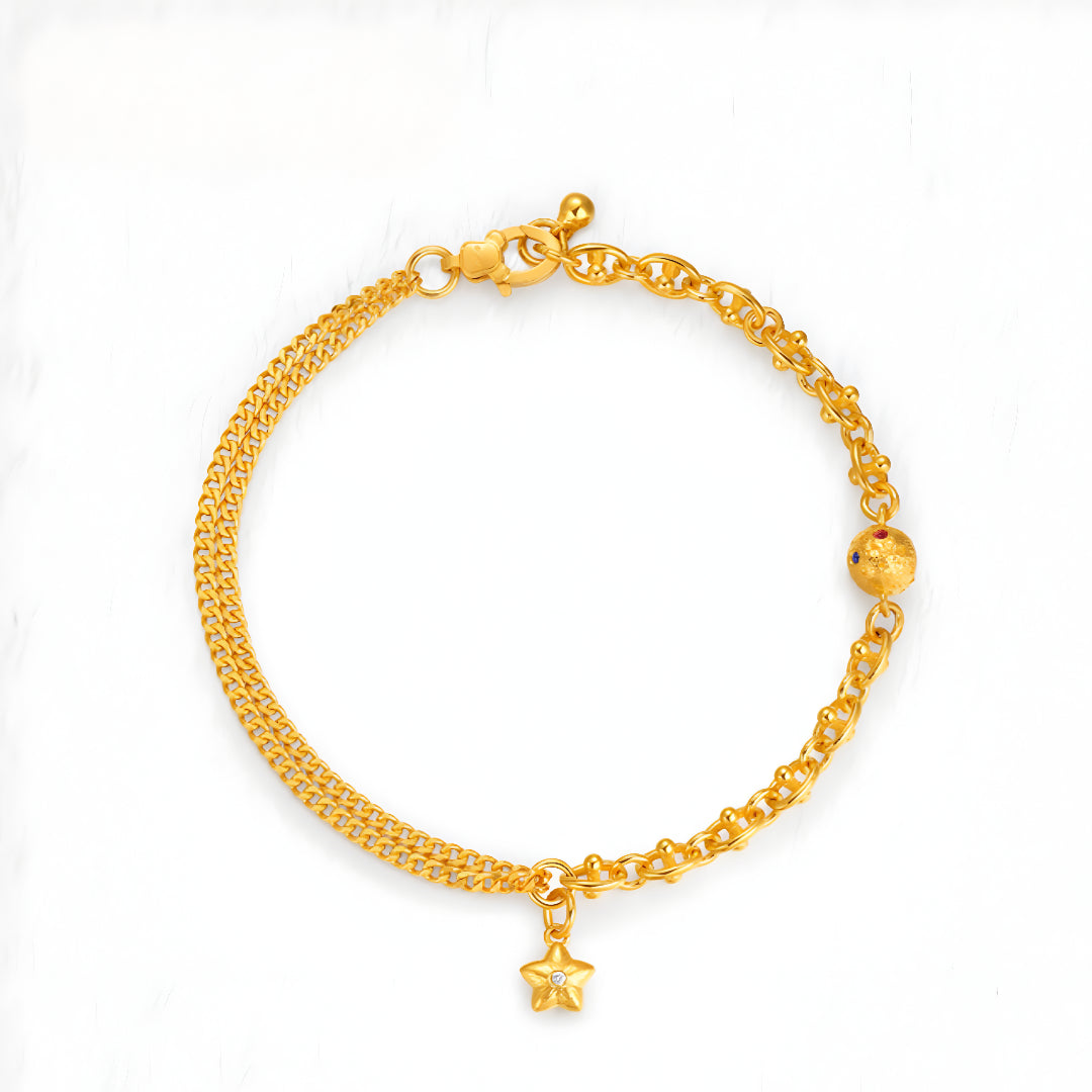 24K Pure Gold Moissanite Star and Planet Charm Fairy Tale Double Chain Bracelet - Gypsophila Co.