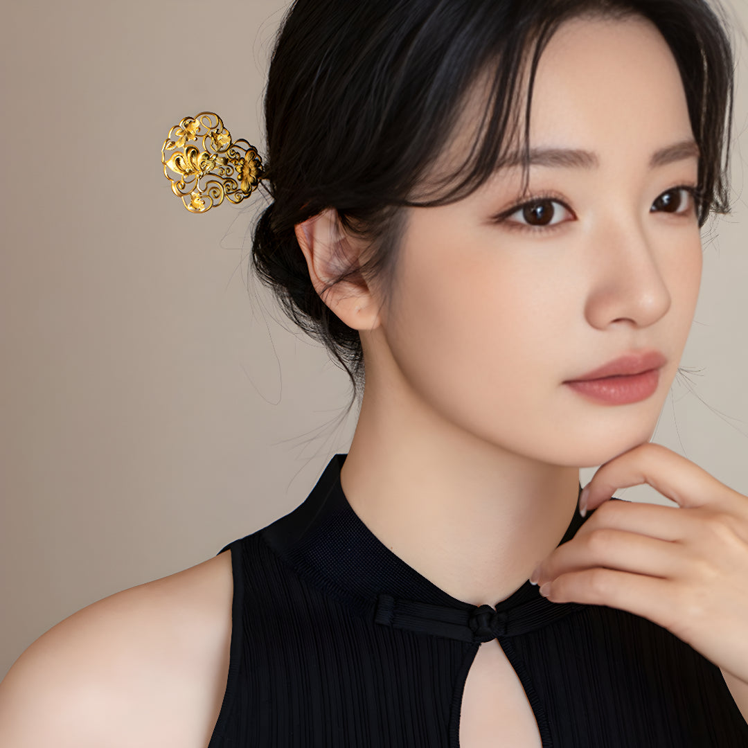 24k Gold Flower Flying Butterfly Hand-Carved Hairpin Hair Bun Stick