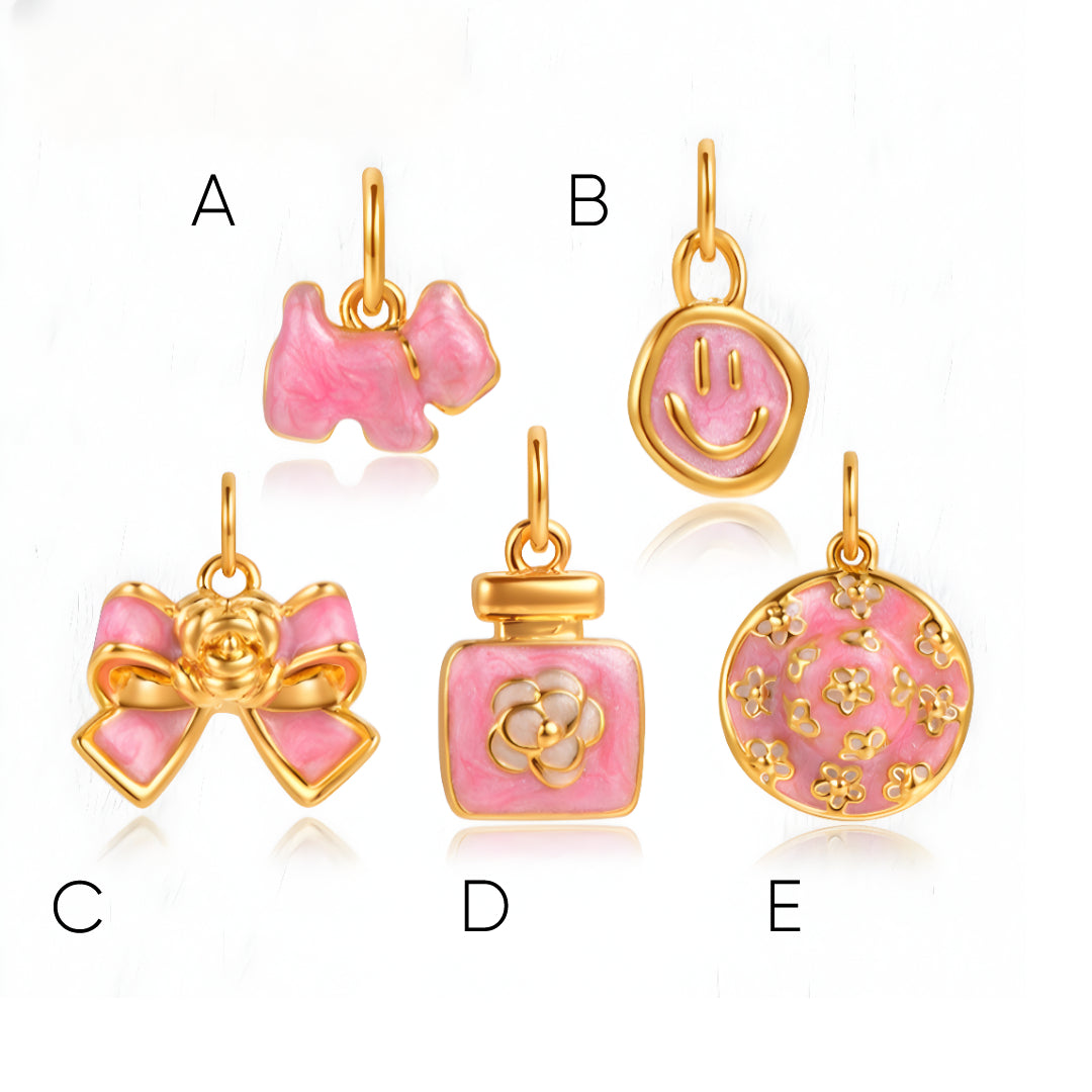 24K Pure Gold Pink Enamel 5D Hard Gold Dog Happy Face Bow and Perfume Bottle Charm D.I.Y Pendant - Gypsophila Co.