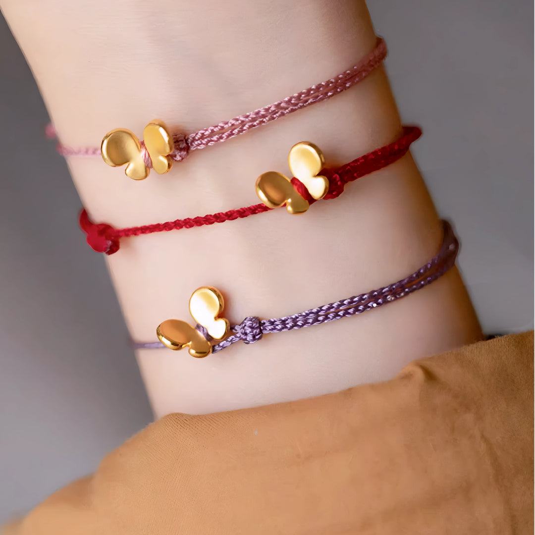 24k Pure 999 Gold Lucky Butterfly Charm with Red Rope Bracelet