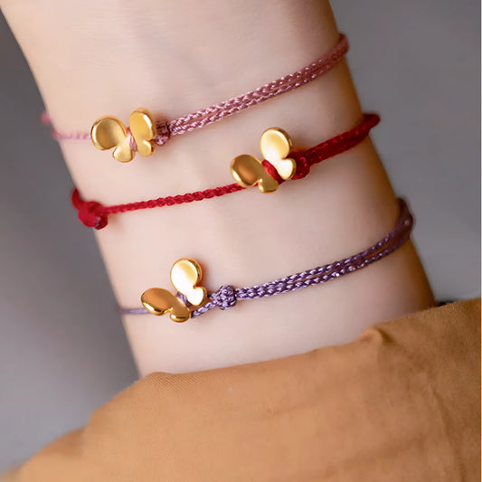 24k Pure 999 Gold Lucky Butterfly Charm with Red Rope Bracelet