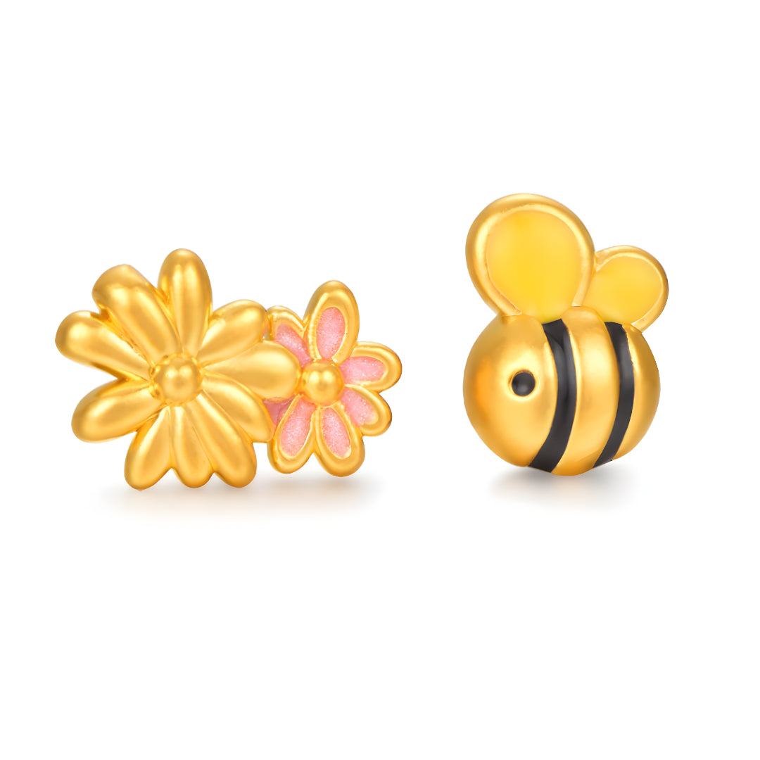 24K Real Gold Cute Playful Flower and Honey Bee Asymmetrical Stud Earrings - Gypsophila Co.