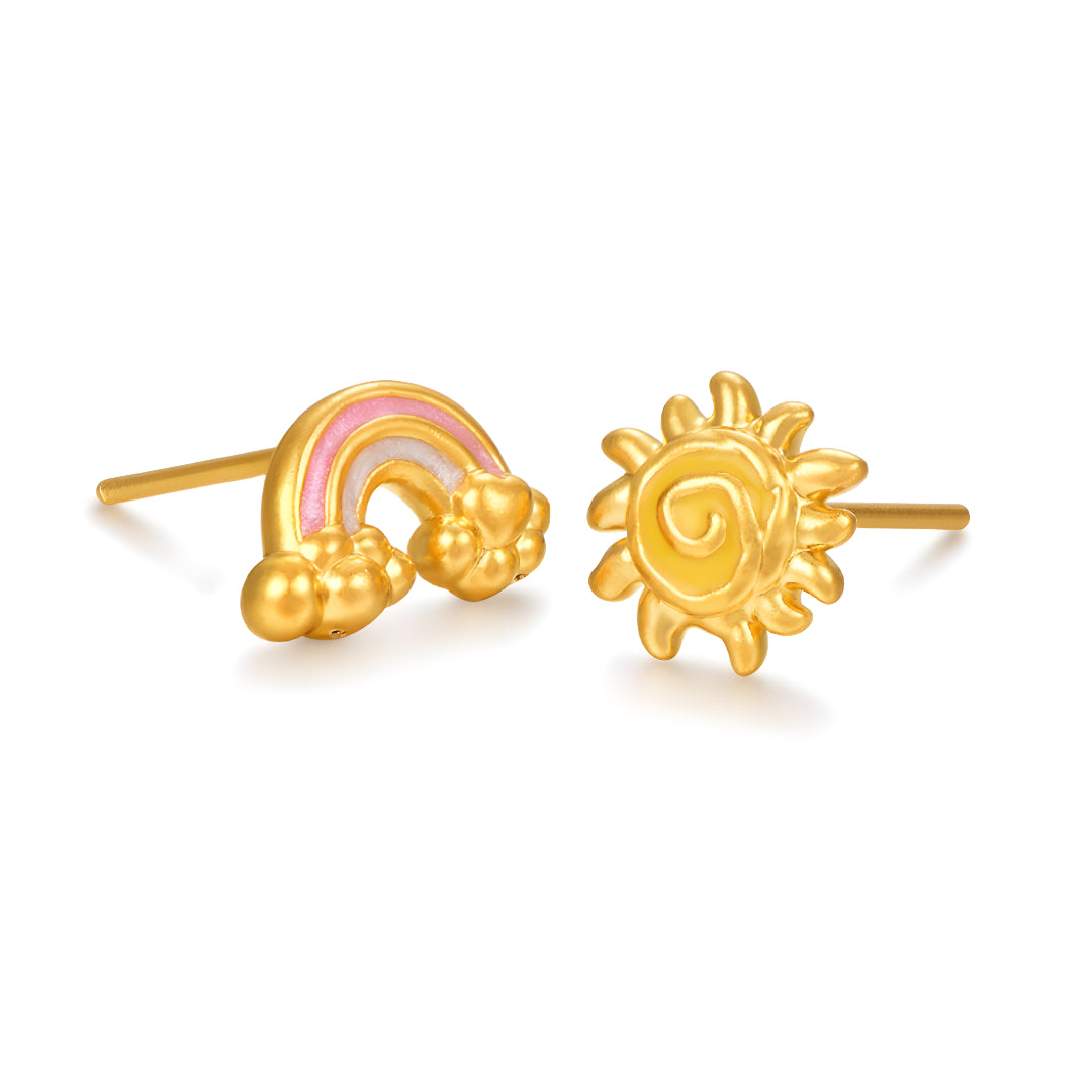 24K Real Gold Cute Playful Sun and Rainbow 5D Hard Gold Enamel Asymmetrical Stud Earrings - Gypsophila Co.