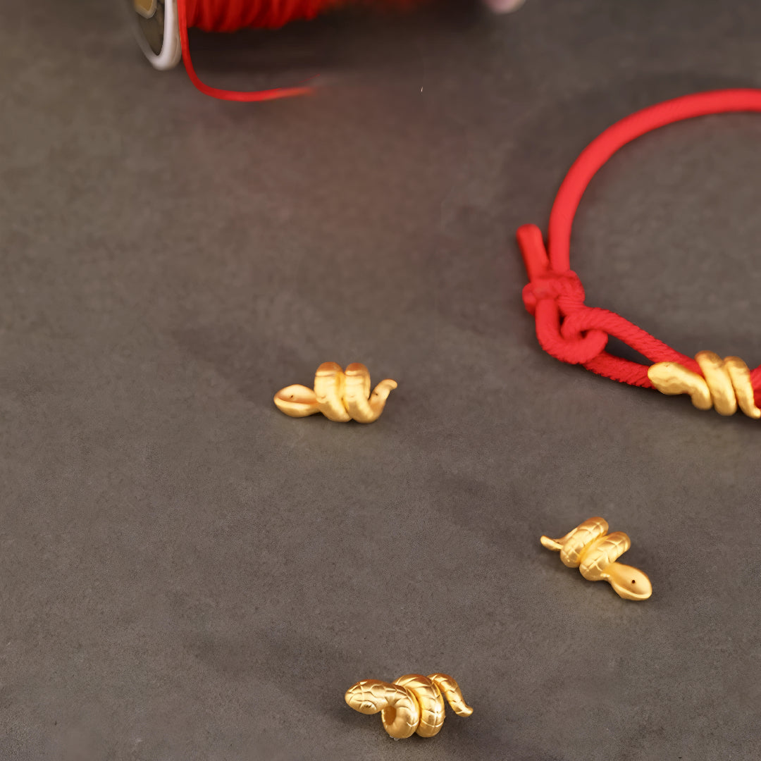 24k 999 Pure Gold Snake Pendant Chinese Zodiac with Red String Braided Rope Bracelet for Men and Women
