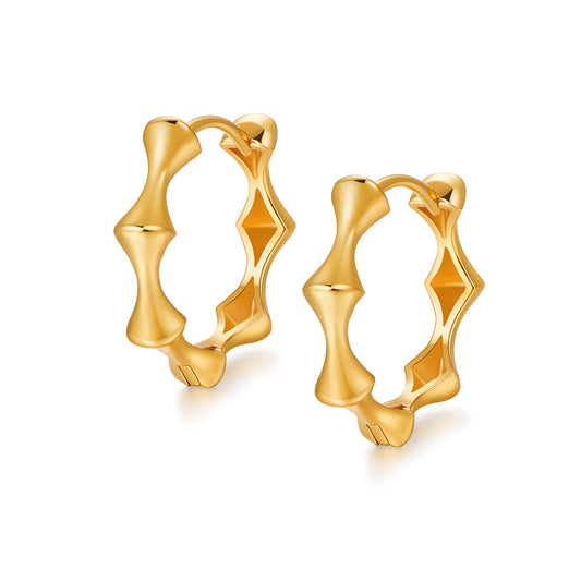18K Real Gold Bamboo Hoop Earrings