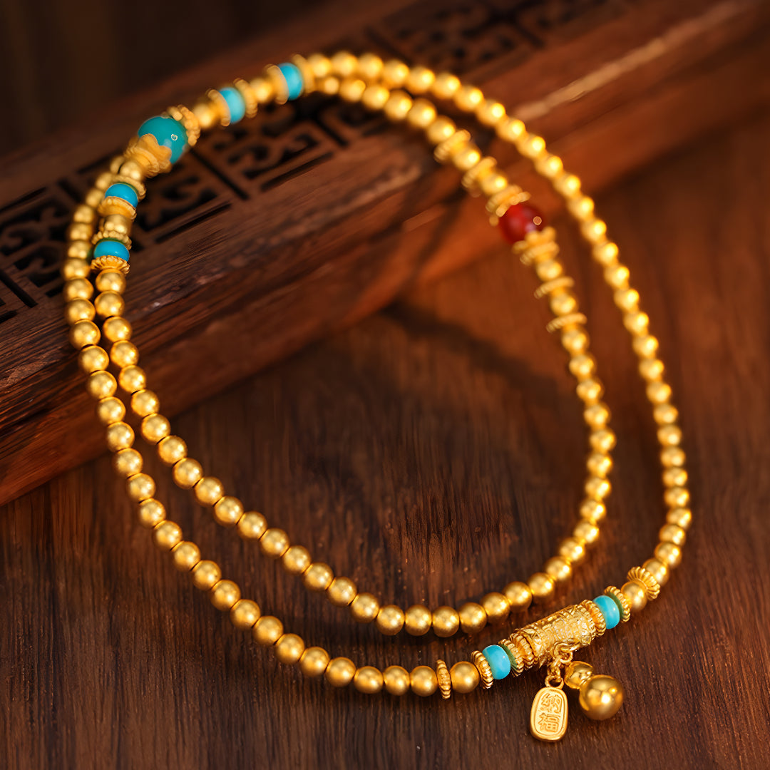 24K Real Gold Beads Bracelet Necklace multi-use Gourd Charm Bring Wealth Bracelet