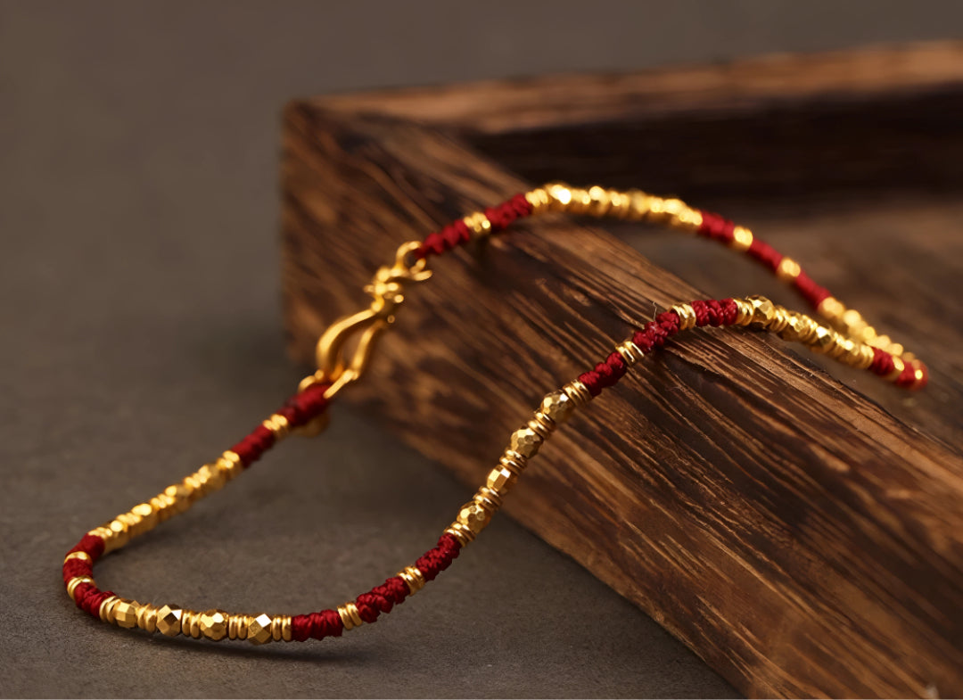 24k Solid 999 Gold Chinese Beads Red Braided Rope Bracelet for Men and Women Blessing and Luck