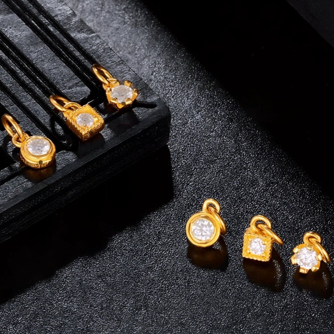 24k Pure 999 Gold Moissanite Round Sugar Cube Pendant D.I.Y Charm Accessory