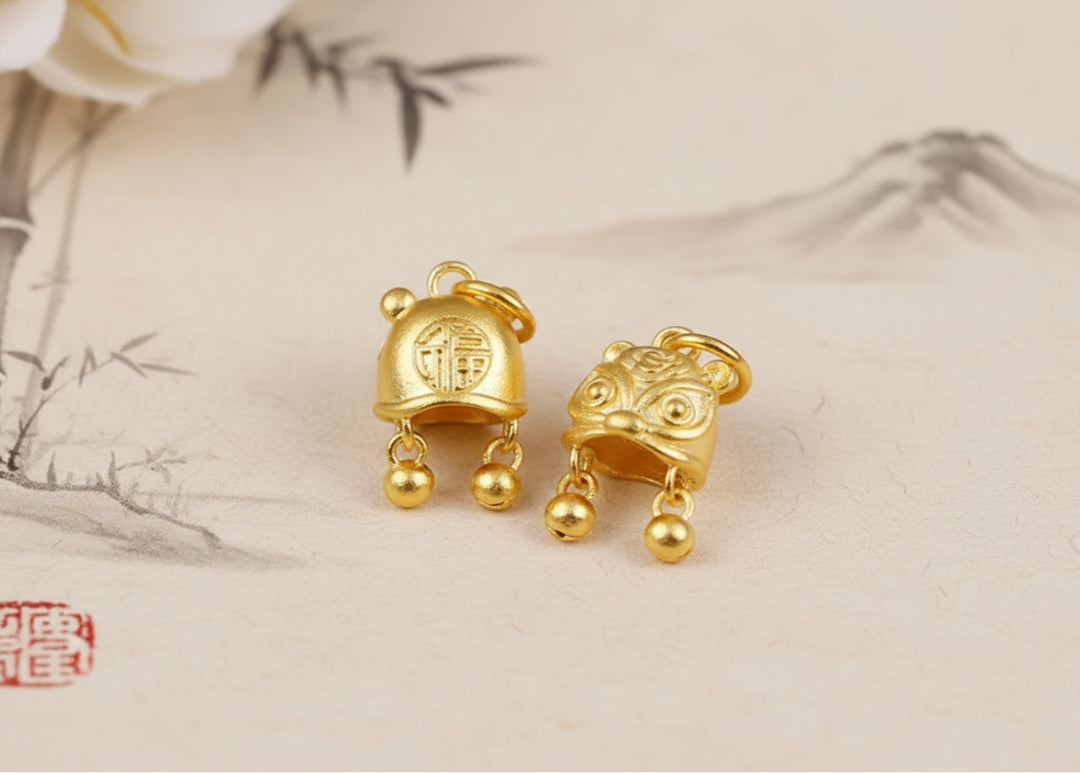 24K 999 Pure Solid Gold Handmade Tiger Head Cap Hat Pendant D.I.Y for Newborn Safe and Happy