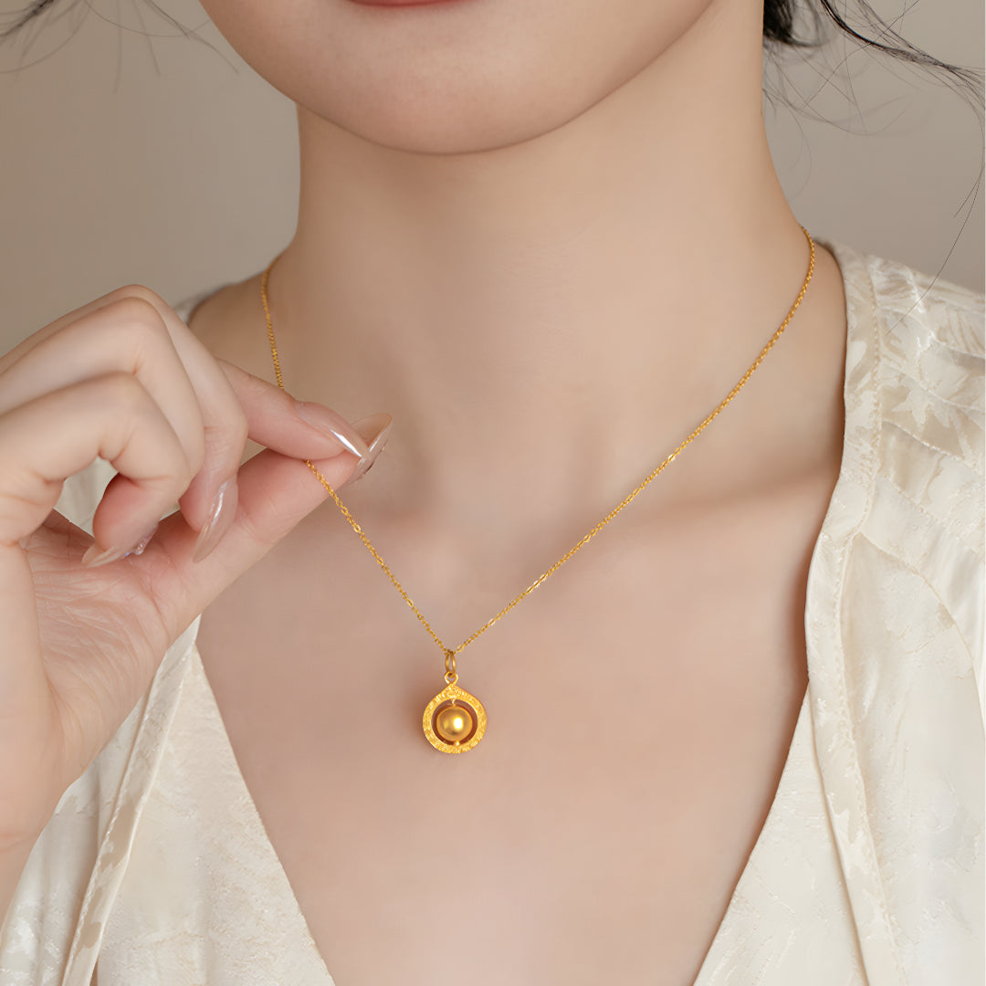 24K Gold Pendant with Gold Pattern Circle and Rotatable Ball bring Wealth