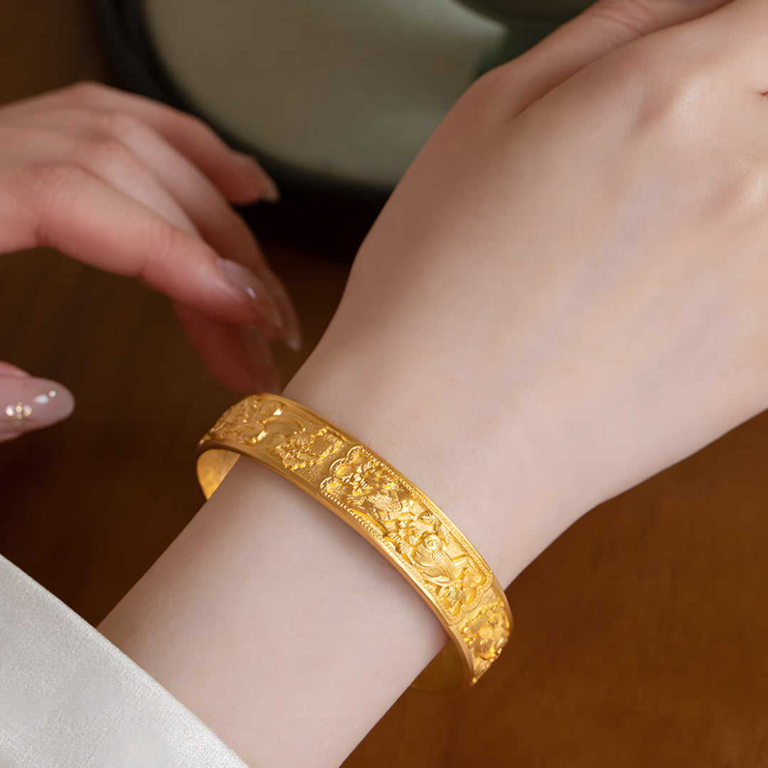 24K Pure Gold Engraving Bird and Cherry Blossom Flower Bangle Bracelet - Gypsophila Co.