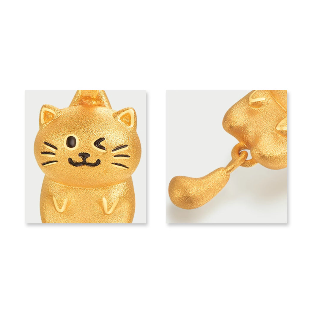 24K Pure Gold Playful Enamel Kitty Cat wiggle Tail Pendant
