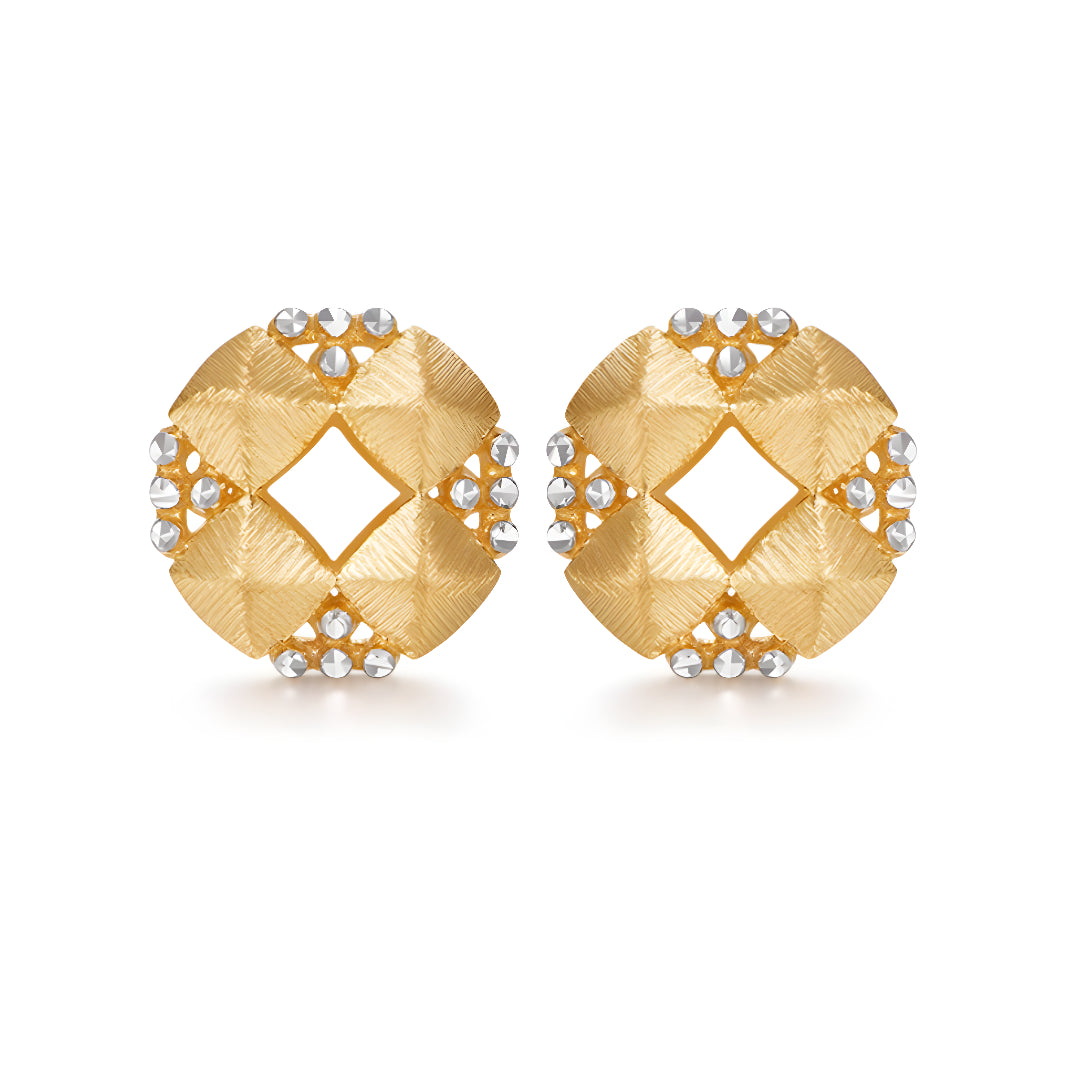18K Real Gold Retro two-tone Lattice button Stud Earrings - Gypsophila Co.