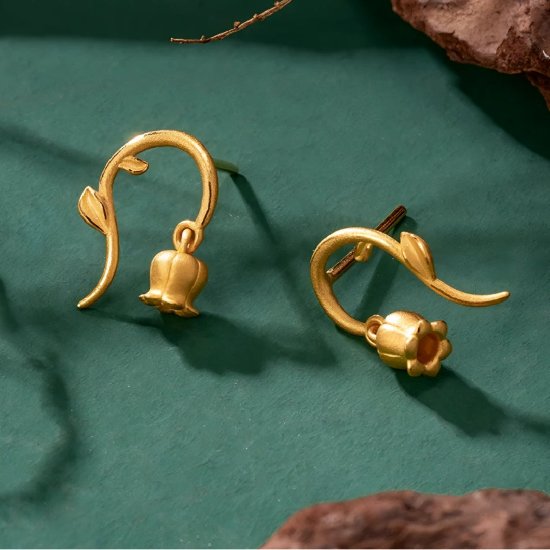 24K 999 Pure Gold Lily Flower Stud Earrings