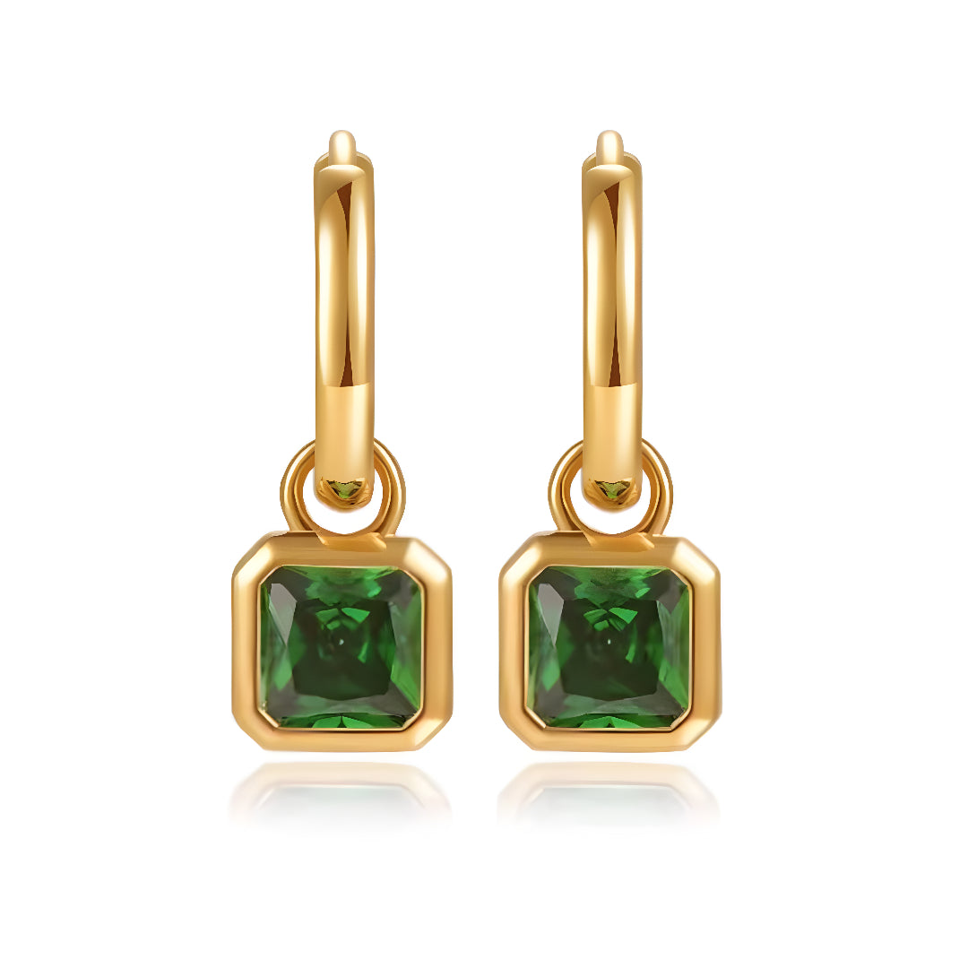 18k Green Square Zircon Dangle with Hoop Earrings