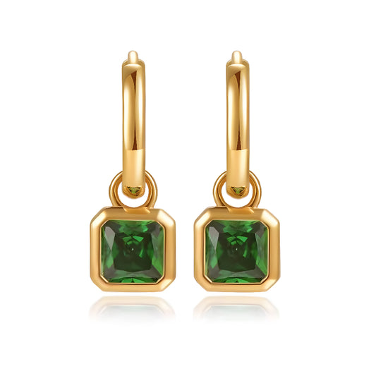 18k Green Square Zircon Dangle with Hoop Earrings