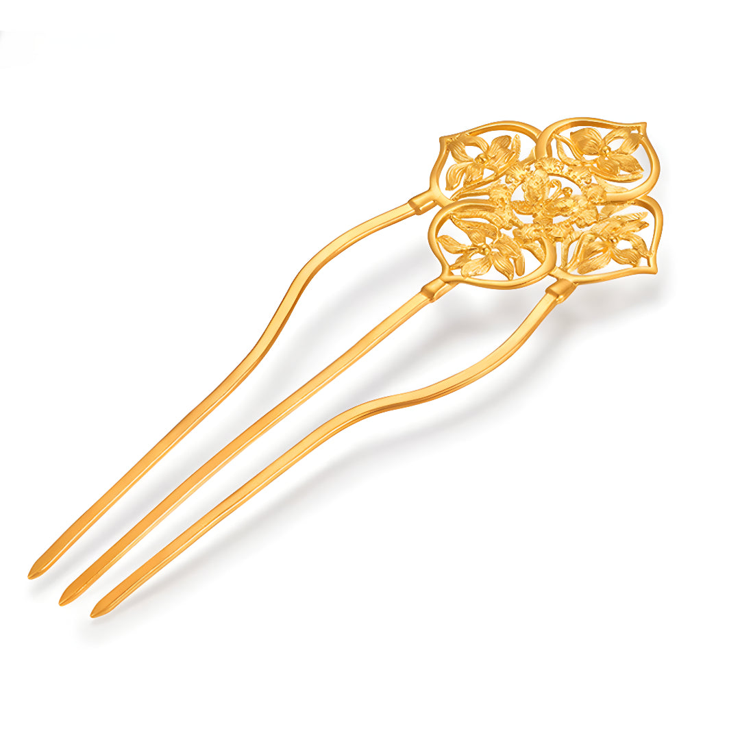 24k Gold Flower Lotus Hand-Carved Hairpin Hair Bun Stick