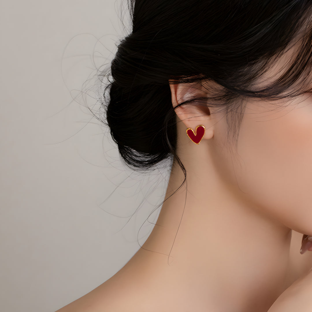 24K Real Gold Enamel Red Heart Love Valentine Gift Stud Earrings