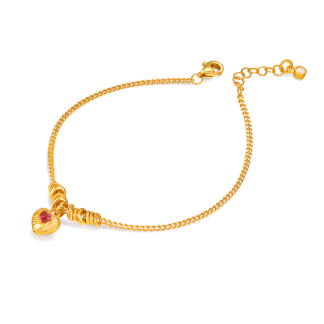 24K Real Gold Chain and link Bracelet with Beads and Heart Charm