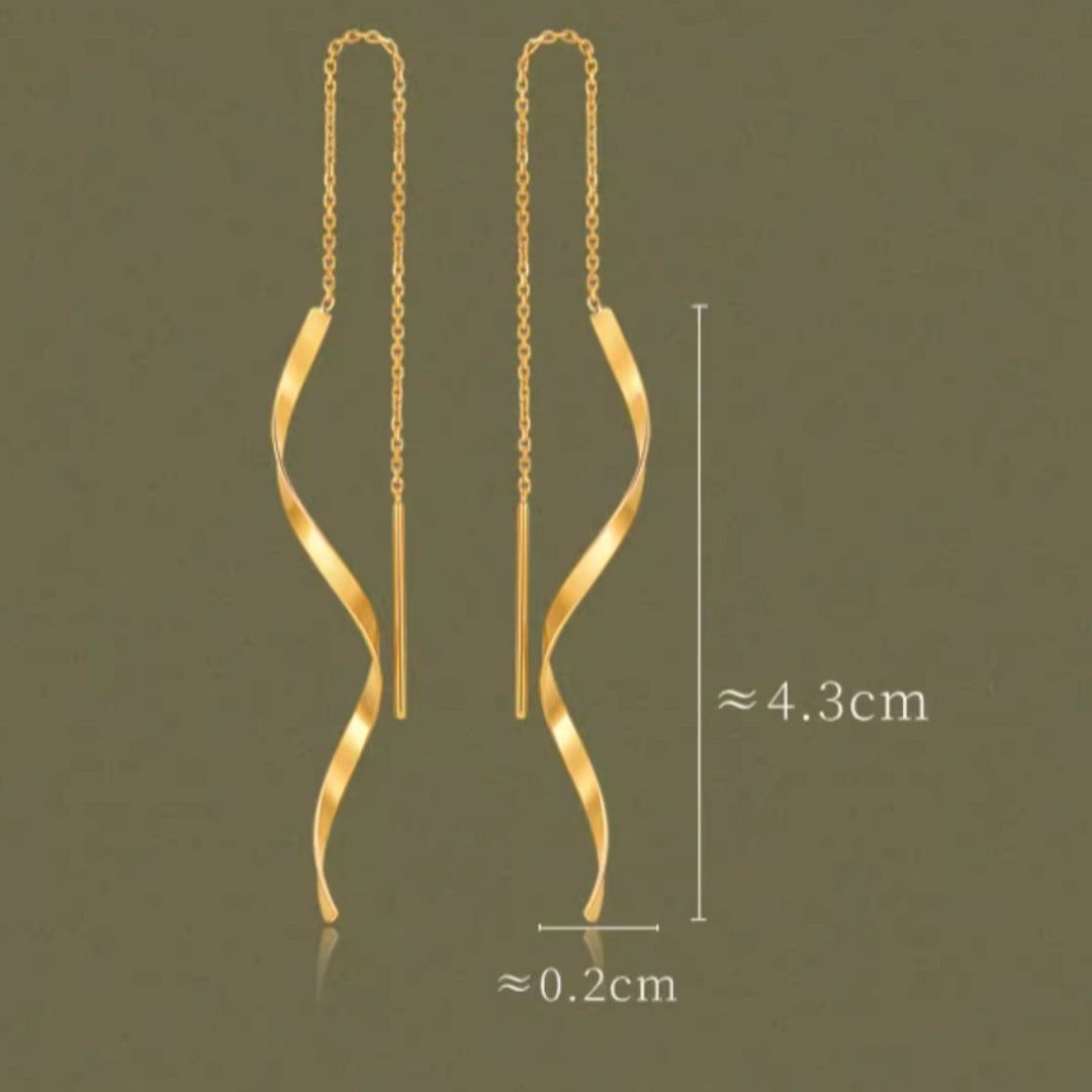 18K Real Gold Wave charm Dangle Threader Earrings