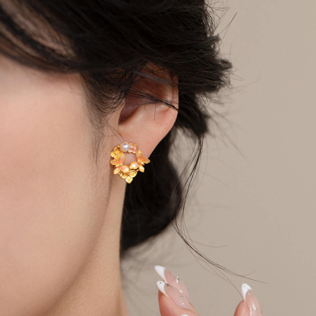 24k Real Gold Dancing Butterfly Pink Enamel Pearl Stud Earrings - Gypsophila Co.