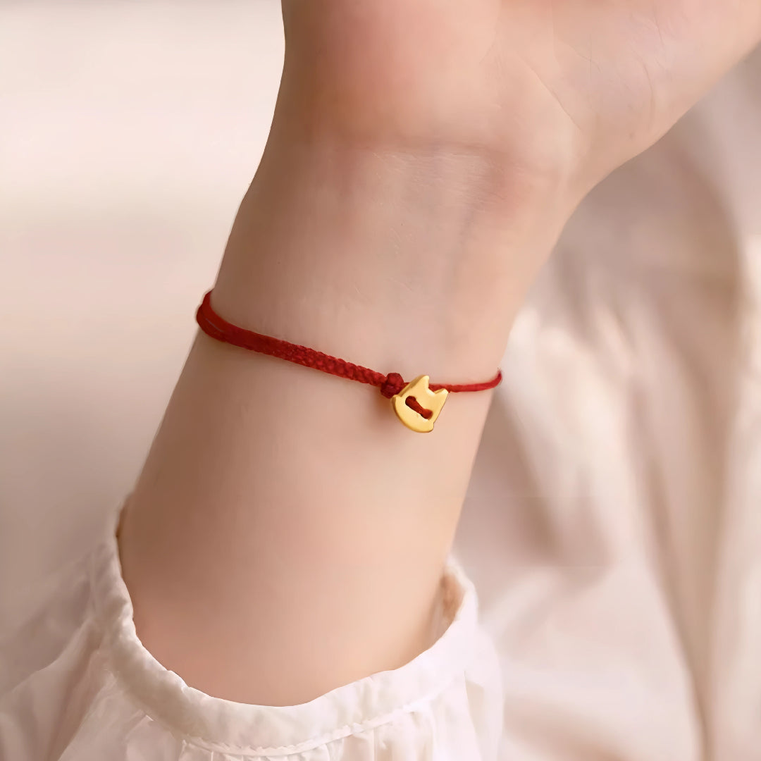 24k Pure 999 Gold Star Cat Dog Deer Apple Charm with Red Rope Bracelet