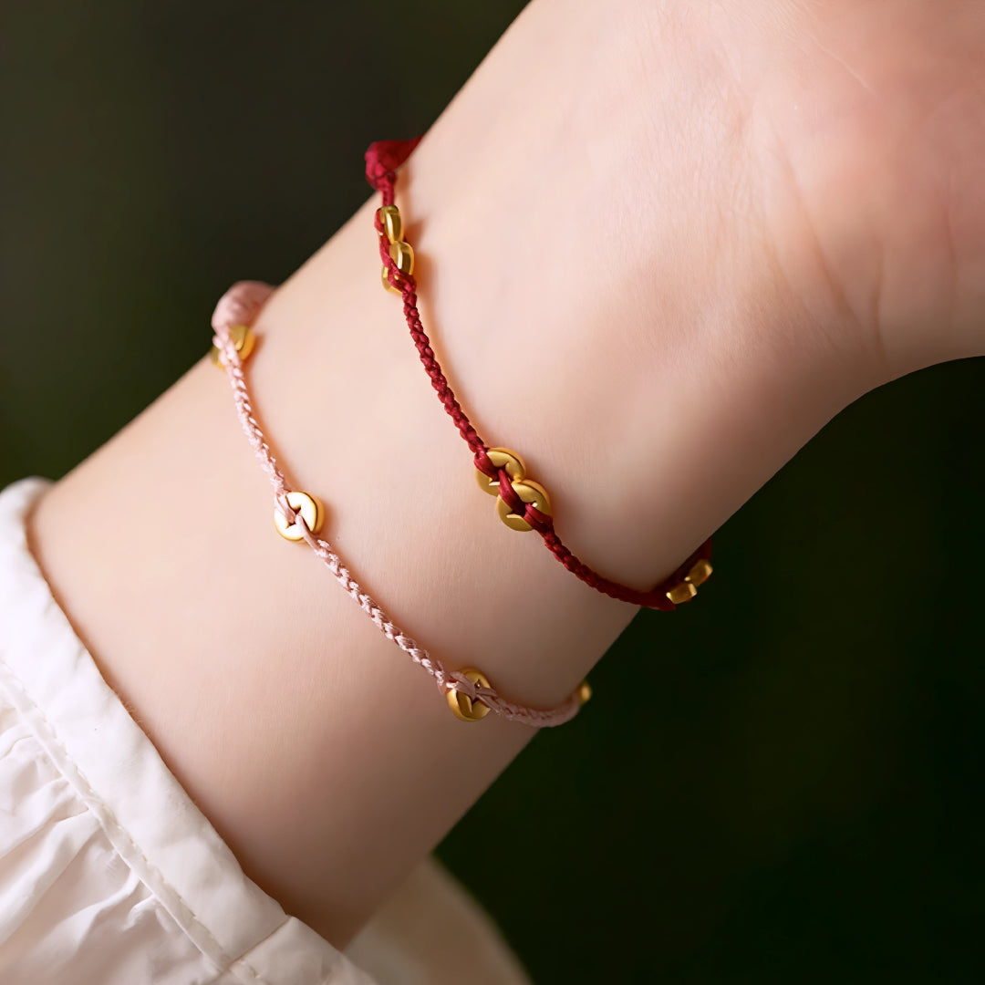24k Pure 999 Gold Lucky Chinese Coin Red Rope Bracelet