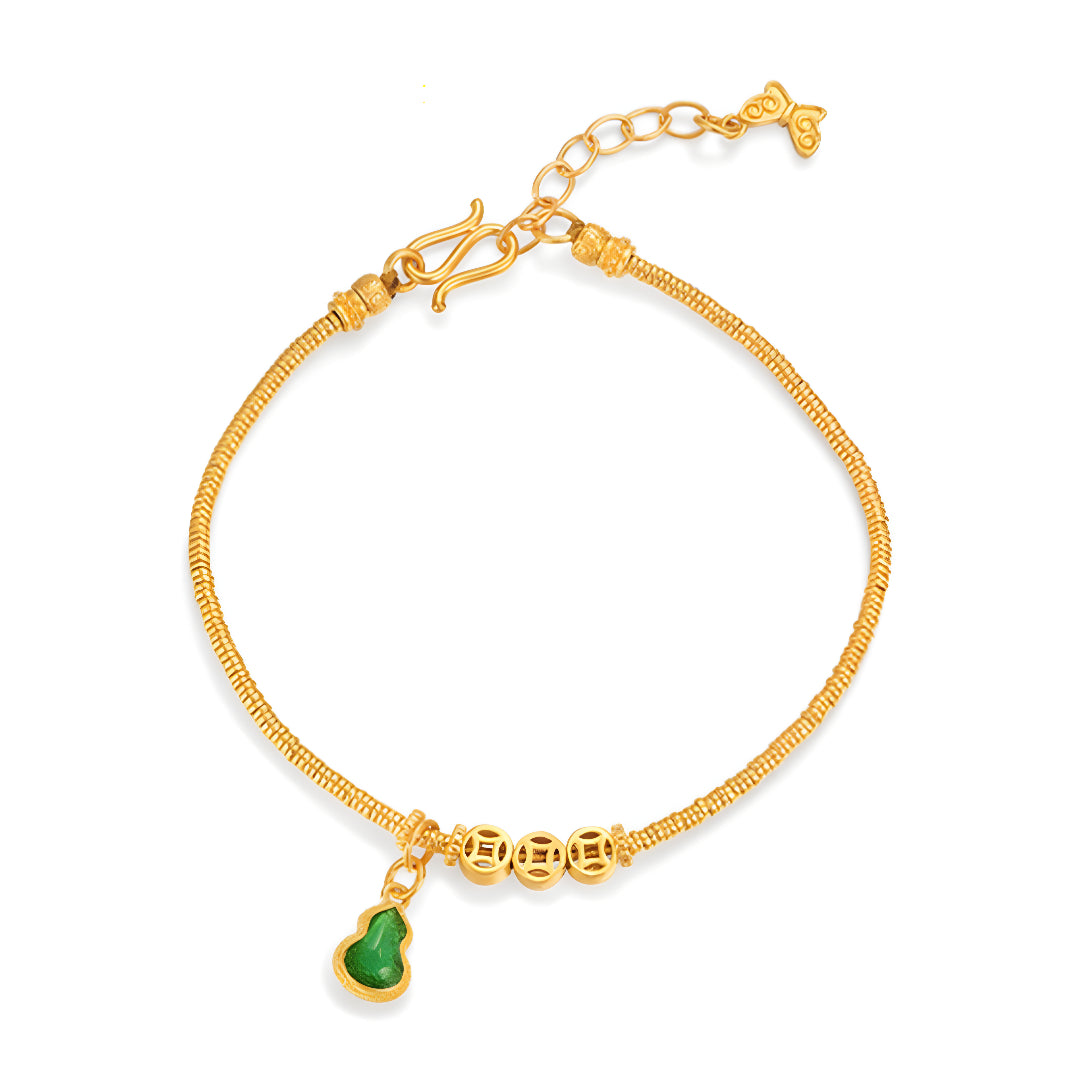 24K Real Gold Enamel Green Gourd Charm Beads Chinese Money Coin Bring Good luck and wealth Bracelet