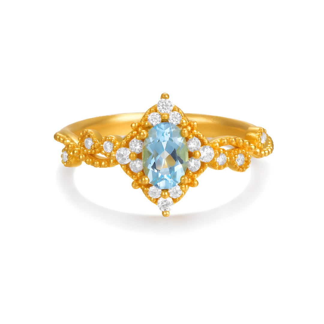 24K Real Gold Blue Water Drop Topaz Moissanite Rococo Style Proposal Ring - Gypsophila Co.