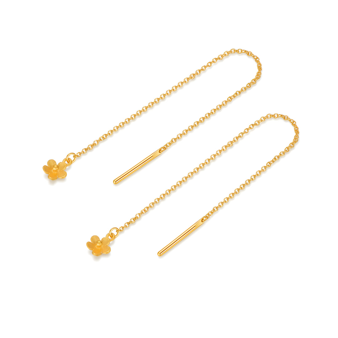 24k Real 999 Gold Flower Cherry Blossom Charm Threader Earrings