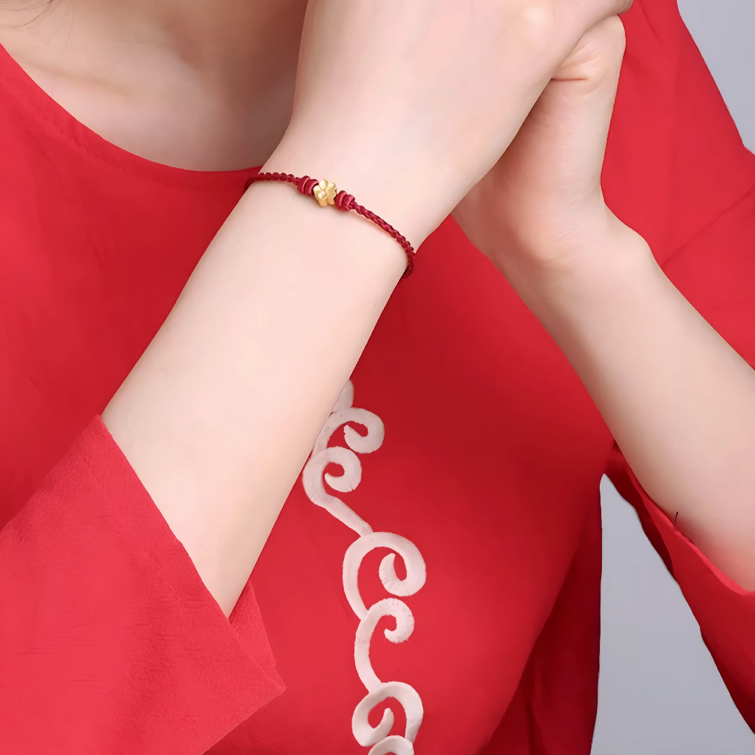 24k Solid 999 Gold Cherry Blossom Flower Red Rope Braided Bracelet