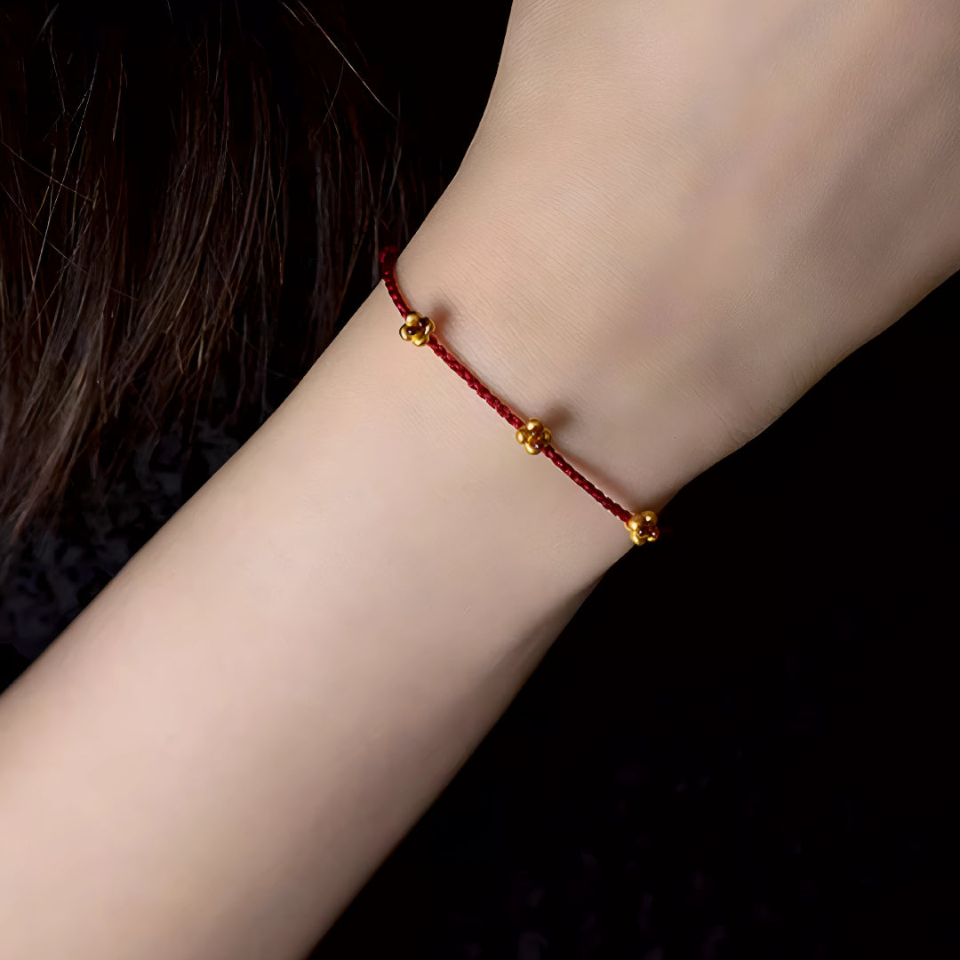 24k Pure 999 Gold Osmanthus fragrans Small Flower Charm with Red Rope Bracelet