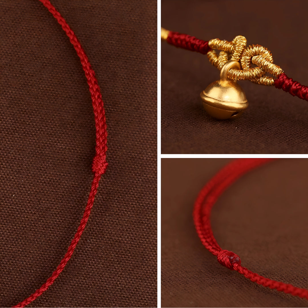 24k Solid 999 Gold Bell Charm Fine Woven Ultra-thin 3D Hard Gold Red Rope Braided Bracelet and Anklet