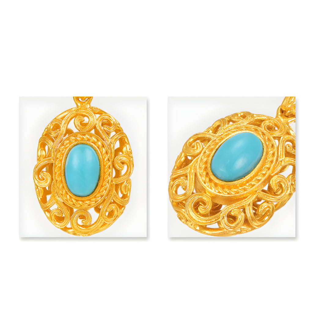 24K Gold Retro Rococo Style Oval Turquoise Pendant - Gypsophila Co.