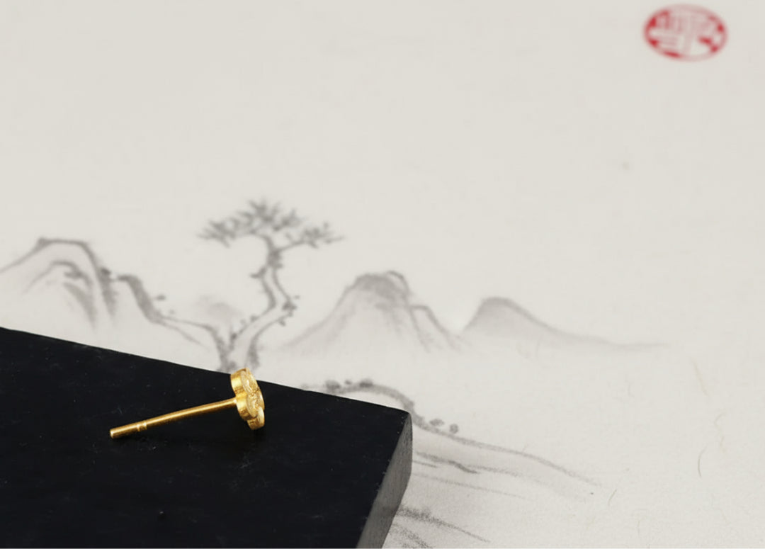 24K 999 Pure Solid Gold Hand-Carved Peach Blossom Flower Stud Earrings Lovely Gift