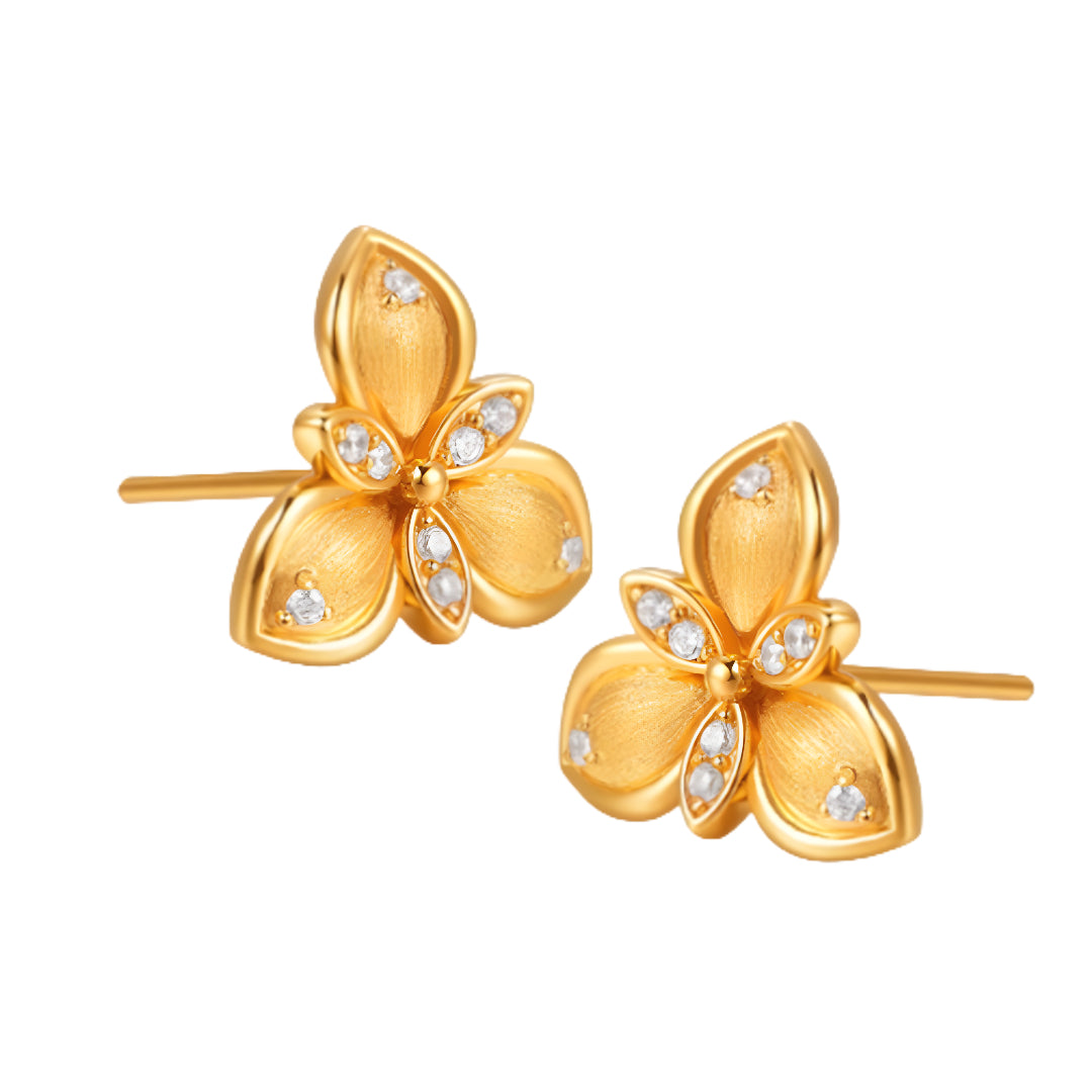 24K Real Gold Clover Flower 5D Hard Gold Brushed Surface Stud Earrings - Gypsophila Co.