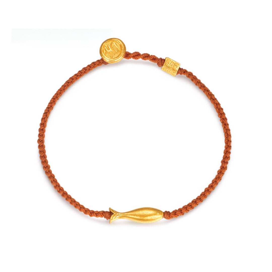 24K Real Good Lucky Fish Charm Rope Braided Bracelet