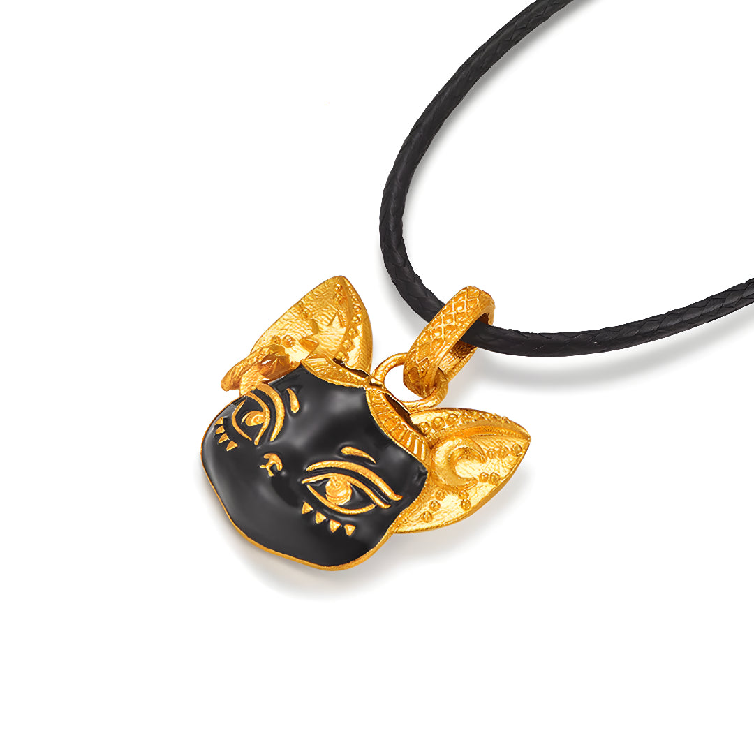 24K Real Gold Ancient Enamel Egypt Cat Pendant with Rope Necklace - Gypsophila Co.
