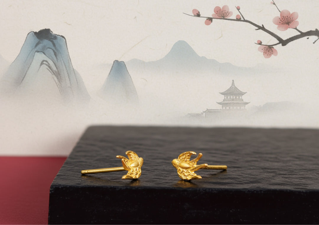 24K Solid Gold Hand-Carved Craft Swallow Women's Stud Earrings