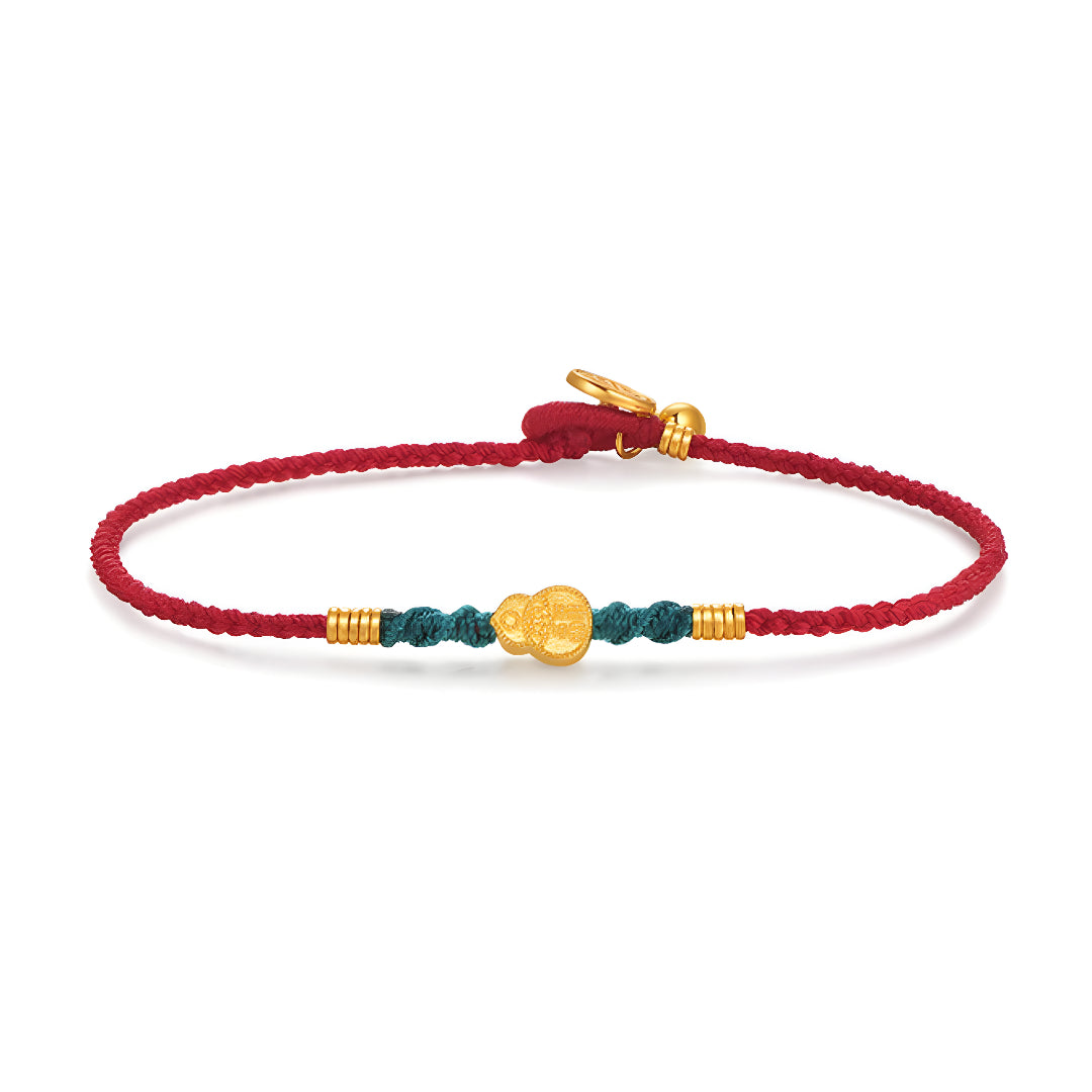 24K Real Gold Lucky Gourd with Red Braided Rope Bracelet