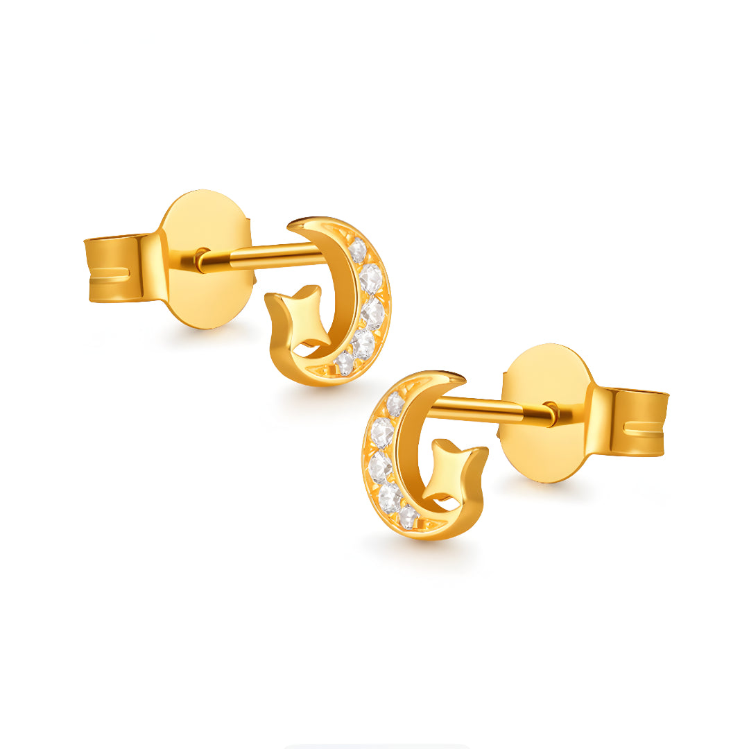18K Pure Gold Zircon Moon and Star Romantic Stud Earrings - Gypsophila Co.