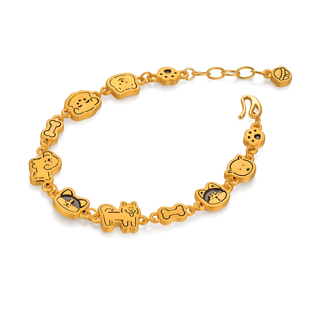 24K Pure Gold 3D Hard Gold Cute Enamel Dog Bracelet Perfect Gift