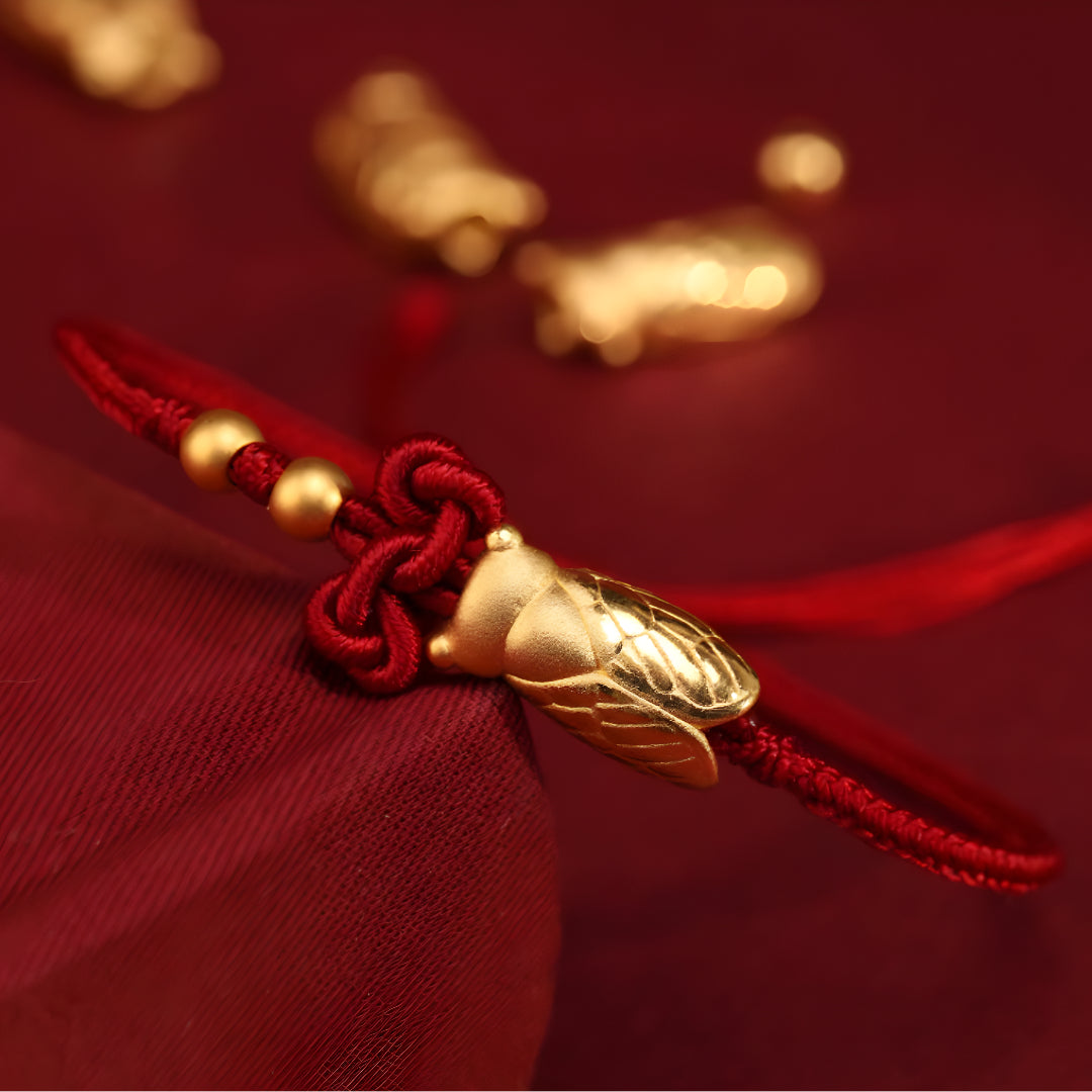 24k Solid 999 Gold Cicada Pendant with Red String Braided Rope Bracelet for Good Luck