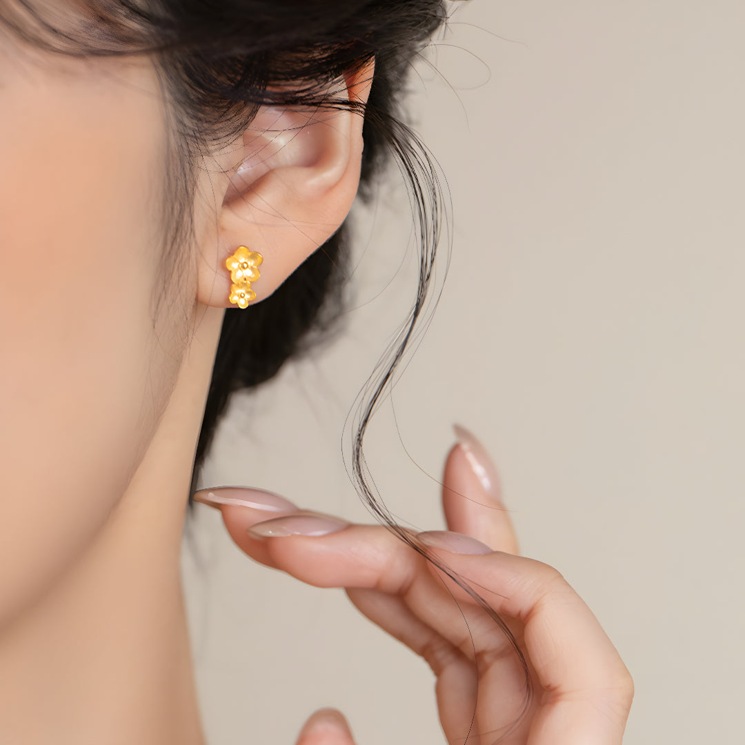 18k Pure Gold Double Stacking Flower Stud Earrings - Gypsophila Co.