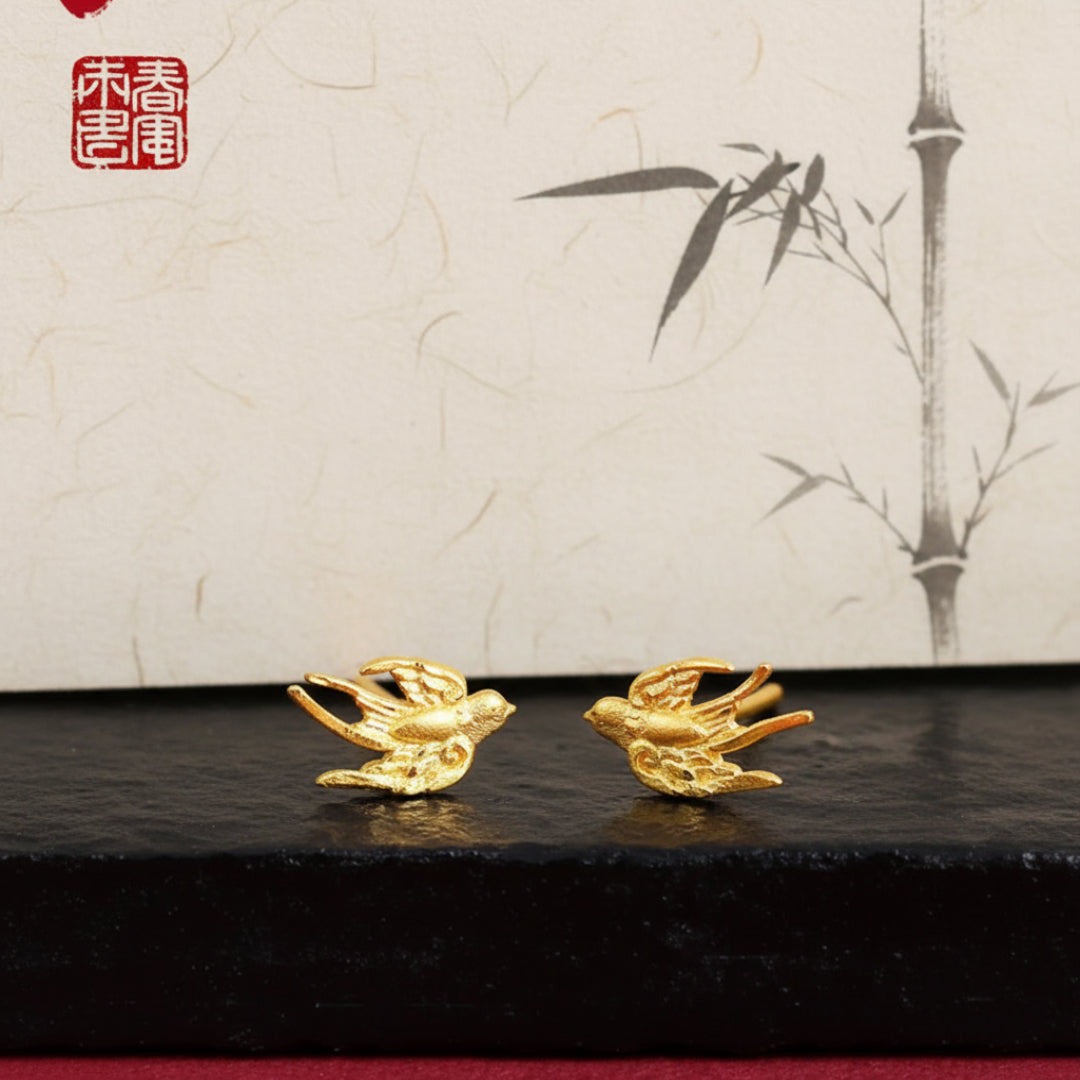 24K Solid Gold Hand-Carved Craft Swallow Women's Stud Earrings