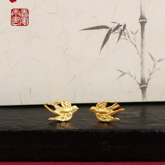 24K Solid Gold Hand-Carved Craft Swallow Women's Stud Earrings
