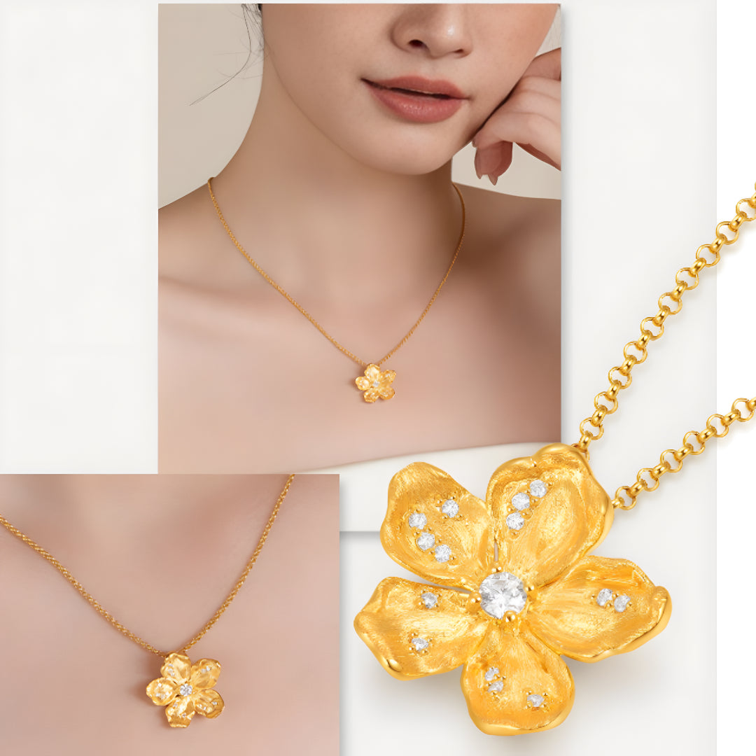24K Pure Gold 5D Stylish Brushed Gold Flower Pendant - Gypsophila Co.