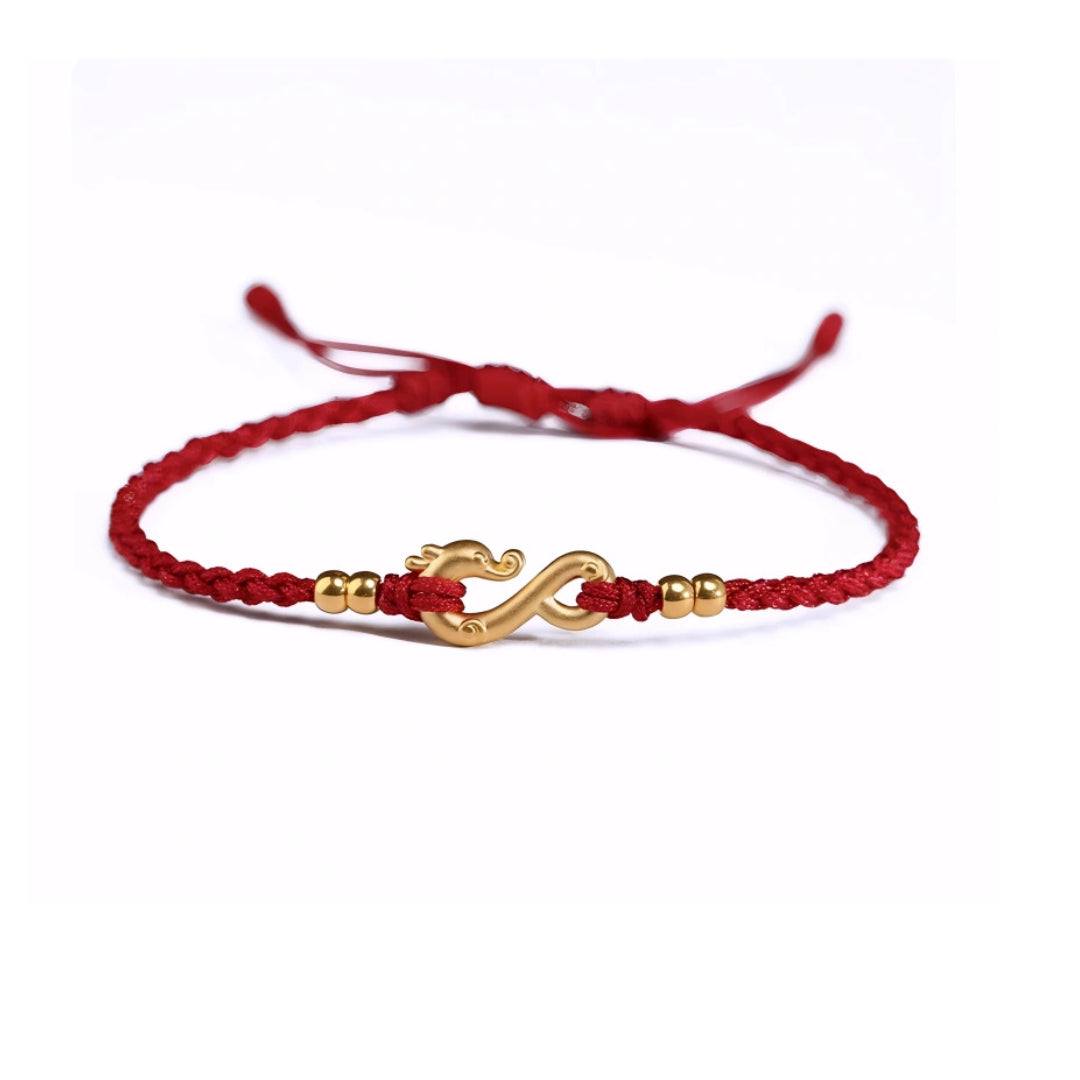 24k Solid 999 Gold Infinity Loop Dragon Pendant with Red String Braided Rope Bracelet and Anklet for Good Luck