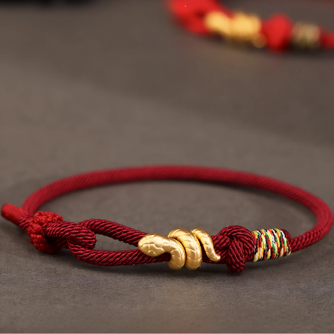 24k 999 Pure Gold Snake Pendant Chinese Zodiac with Red String Braided Rope Bracelet for Men and Women