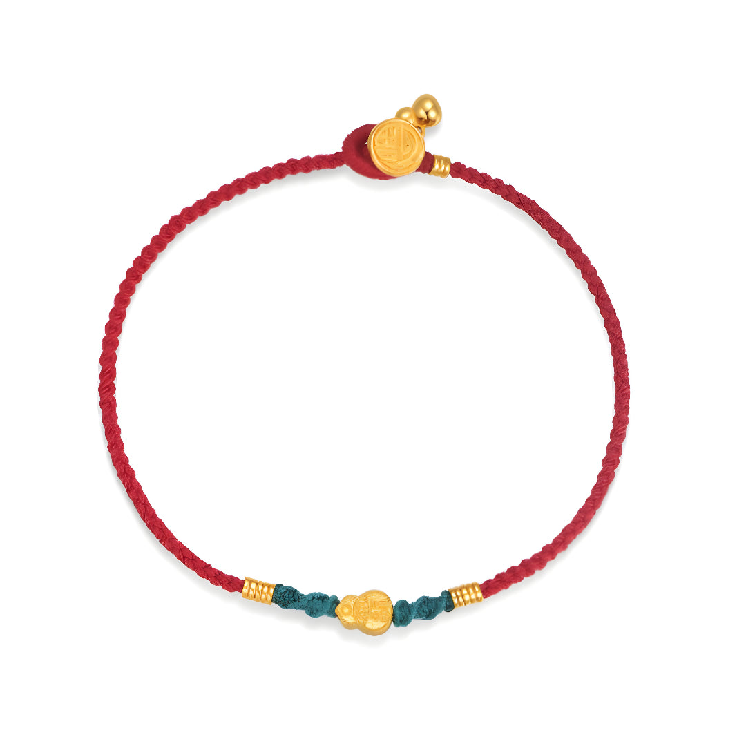 24K Real Gold Lucky Gourd with Red Braided Rope Bracelet